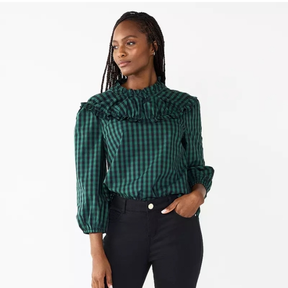 Draper James RSVP Plaid Ruffle Neck Top Size Large Green/Black - Picture 1 of 15